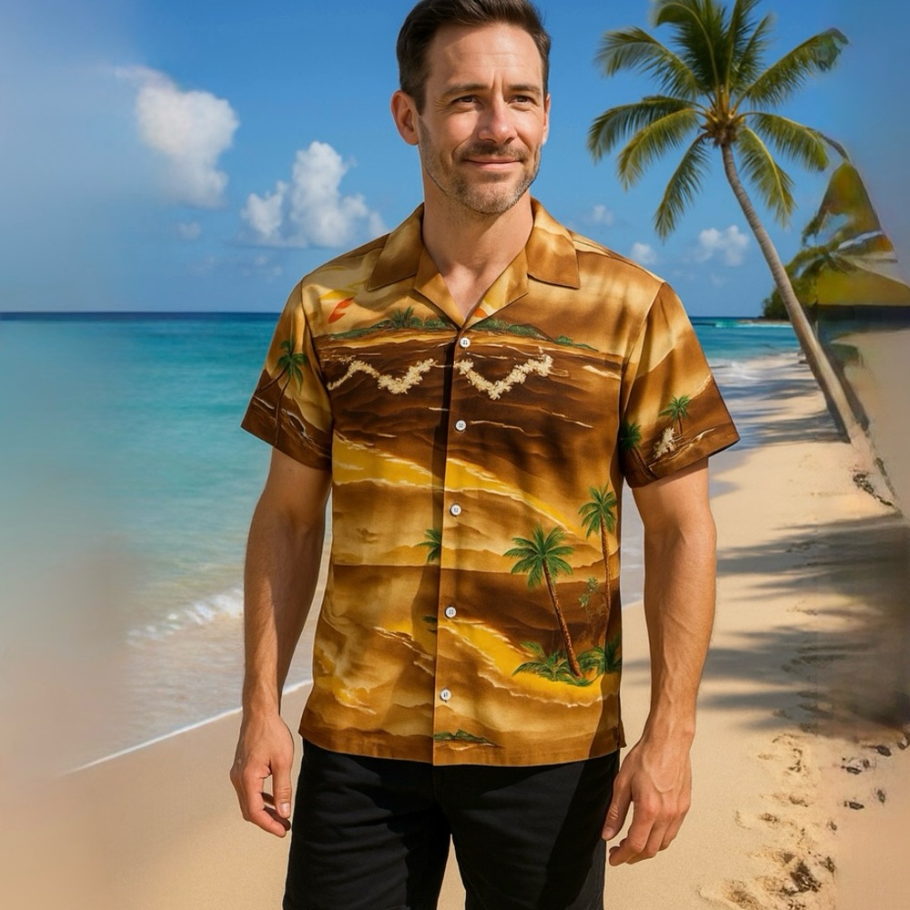 Kai Nani Vintage 1970s Hawaiian Aloha Shirt Sunset Scenic Beach Scene Mens M 💛